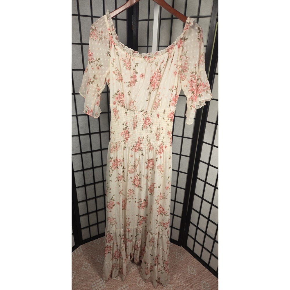 Cottagecore Romantic Floral Maxi Dress Smocked Swiss Dot Tiered Size 10